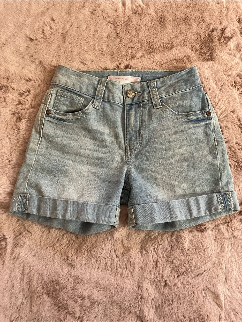 Y2k No Boundaries Light Blue Denim Cuffed Shorts with Embroidered Back Pockets - Picture 4 of 12
